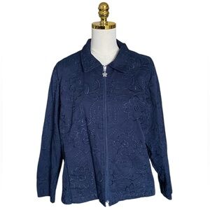 Graff Vtg Women XL Navy Blue Floral Embroidered Full Zip Collared Blazer Jacket